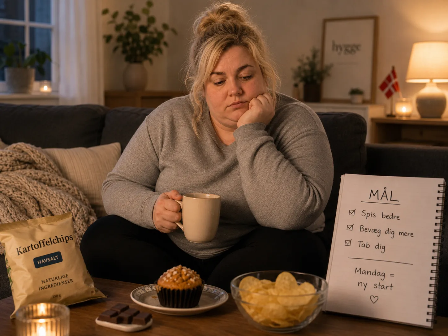 Dansk kvinde med træthed og aftencravings før en mere balanceret GLPura-rutine